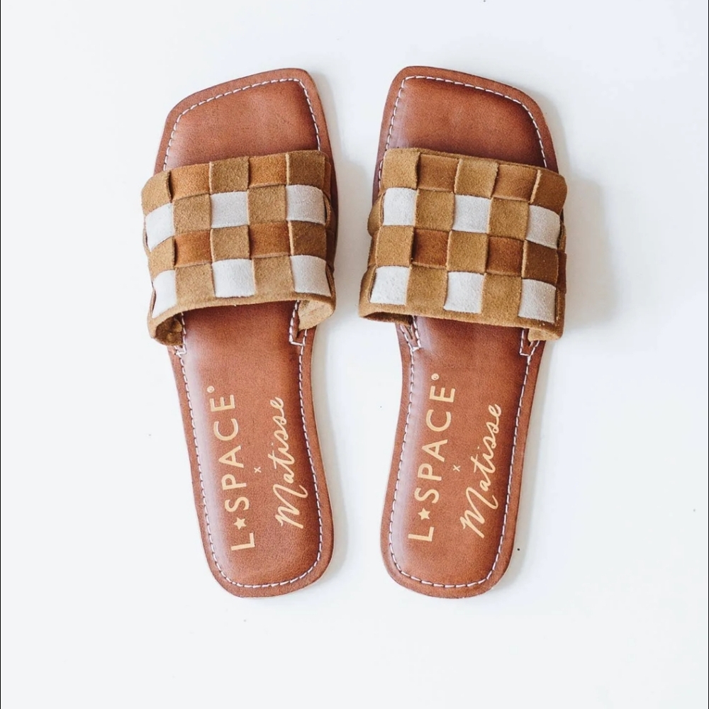 L*SPACE + MATISSE Soleil Woven Suede Slide Sandal Brown Tobacco Multi Shoes Sz 9